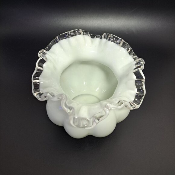 Fenton Milk Glass Melon Vase With Silver Crest Ruffled Edge - Picture 6 of 13